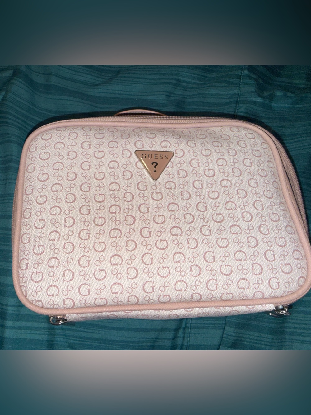 GUESS Light Pink Monogram Cosmetic Case with Top Handle